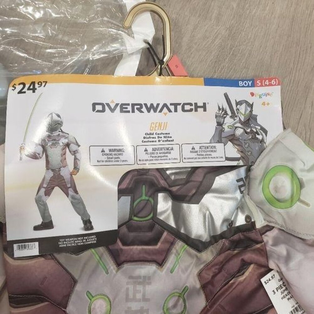 Overwatch Genji Boys Costume 4-6 Disguise Jumpsuit & Helmet Halloween NWT - Picture 2 of 5